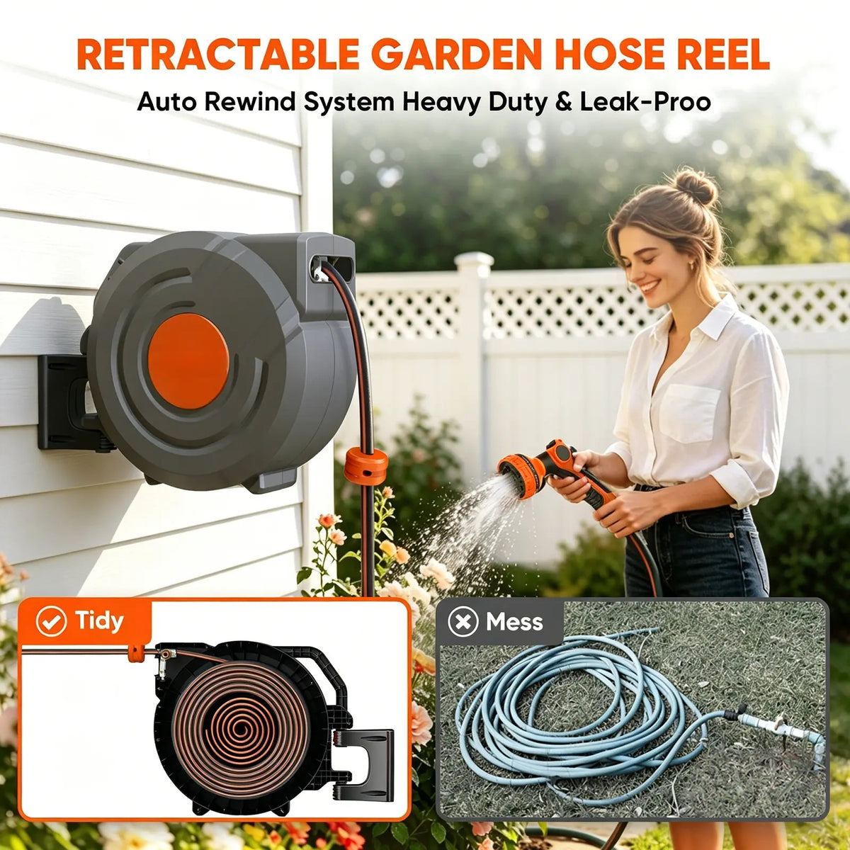 Retractable Garden Hose Wall Mount Reel 90ft/100ft/130ft with 6.5ft Guide Hose