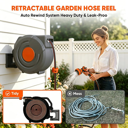 Retractable Garden Hose Wall Mount Reel 90ft/100ft/130ft with 6.5ft Guide Hose