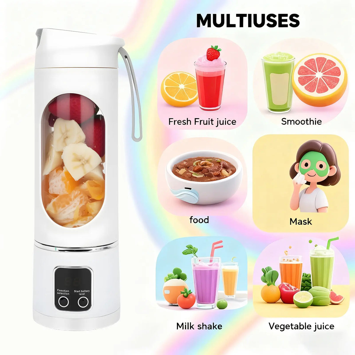Portable, rechargeable mini blender (suitable for fruit, vegetables, etc.)—enjoy smoothies anytime, anywhere. Perfect for travel, back-to-school, or workouts