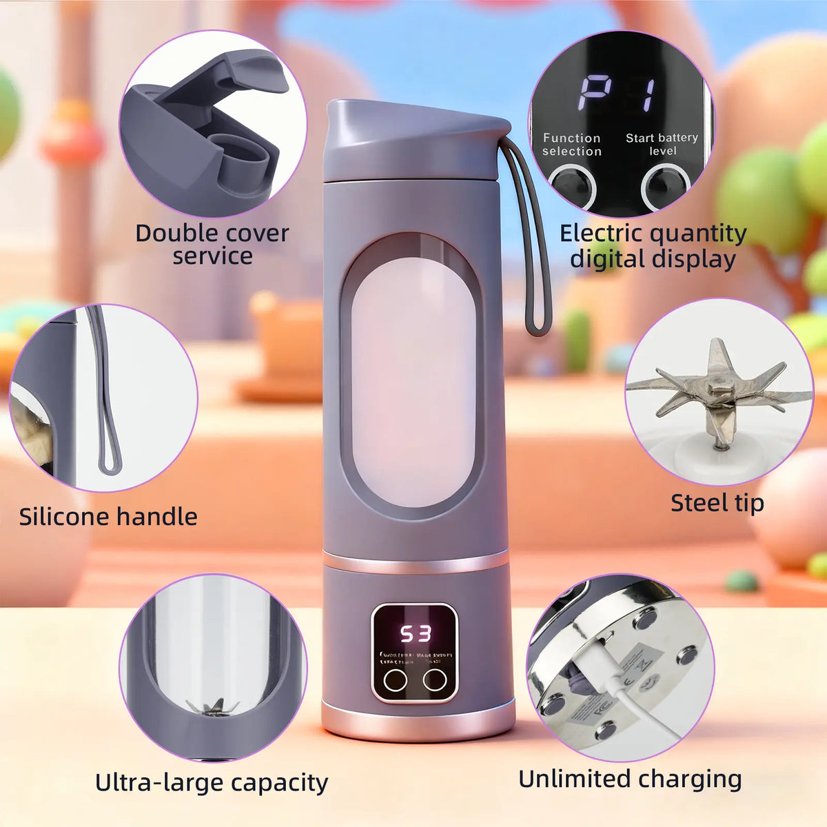 Portable, rechargeable mini blender (suitable for fruit, vegetables, etc.)—enjoy smoothies anytime, anywhere. Perfect for travel, back-to-school, or workouts
