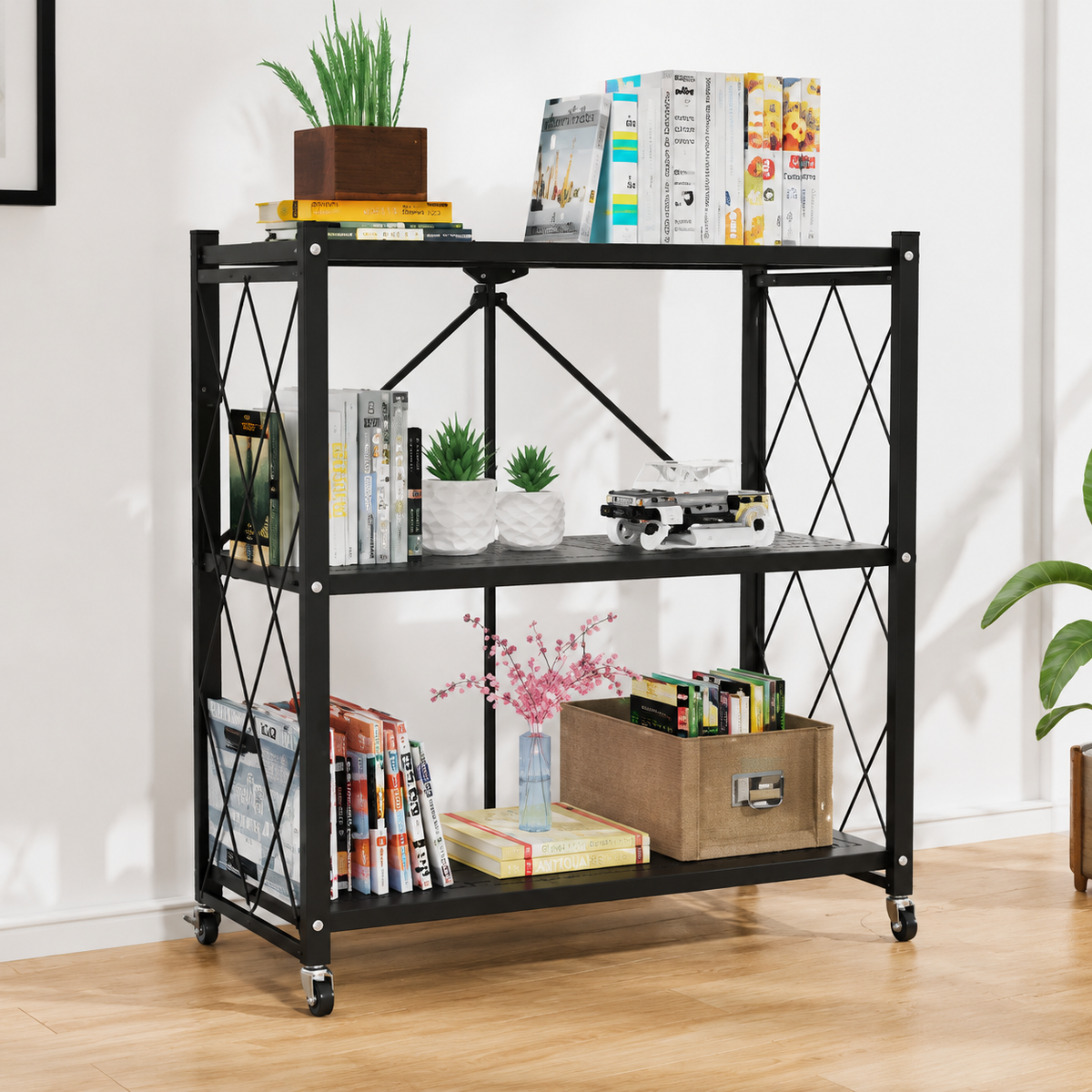 Foldable storage rack with locking wheels, space-saving design, freestanding metal frame, suitable for home and office.