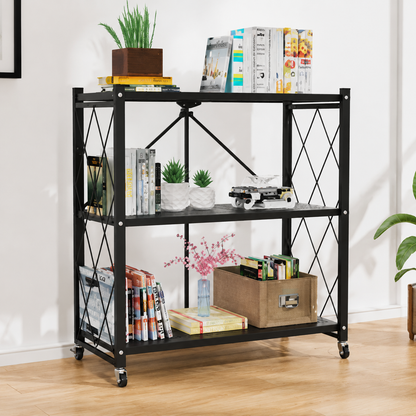 Foldable storage rack with locking wheels, space-saving design, freestanding metal frame, suitable for home and office.