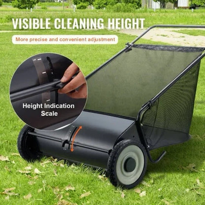 A push lawn sweeper that collects fallen leaves and grass clippings.