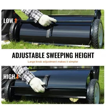 A push lawn sweeper that collects fallen leaves and grass clippings.