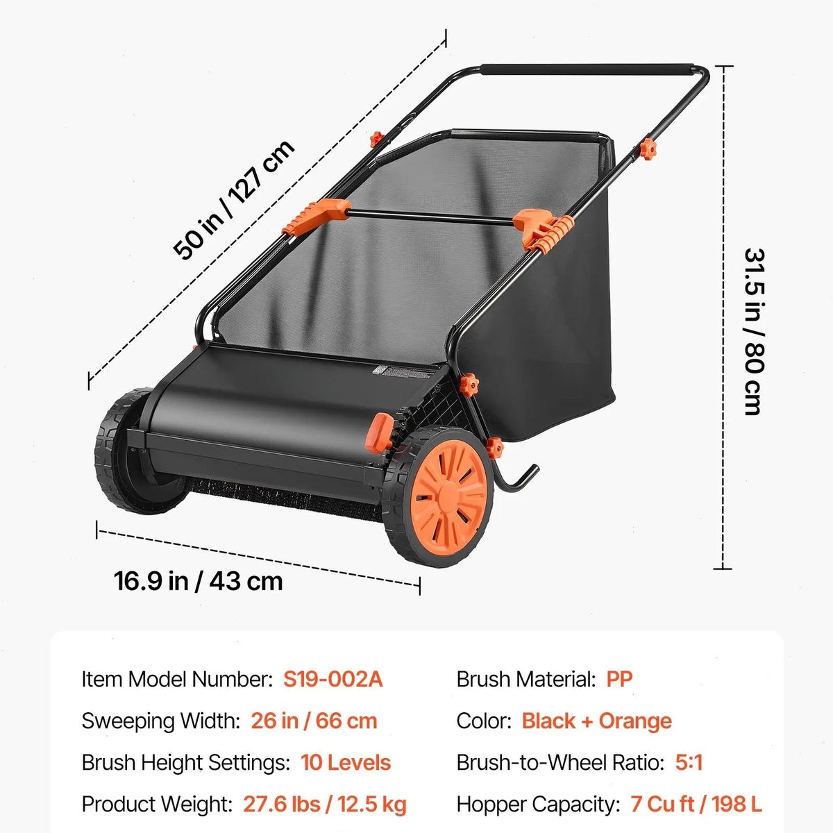 A push lawn sweeper that collects fallen leaves and grass clippings.