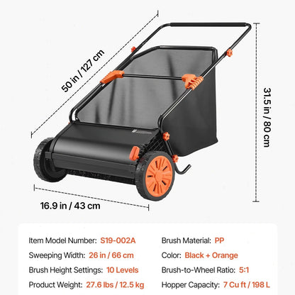 A push lawn sweeper that collects fallen leaves and grass clippings.