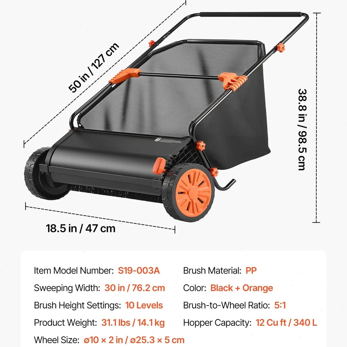A push lawn sweeper that collects fallen leaves and grass clippings.