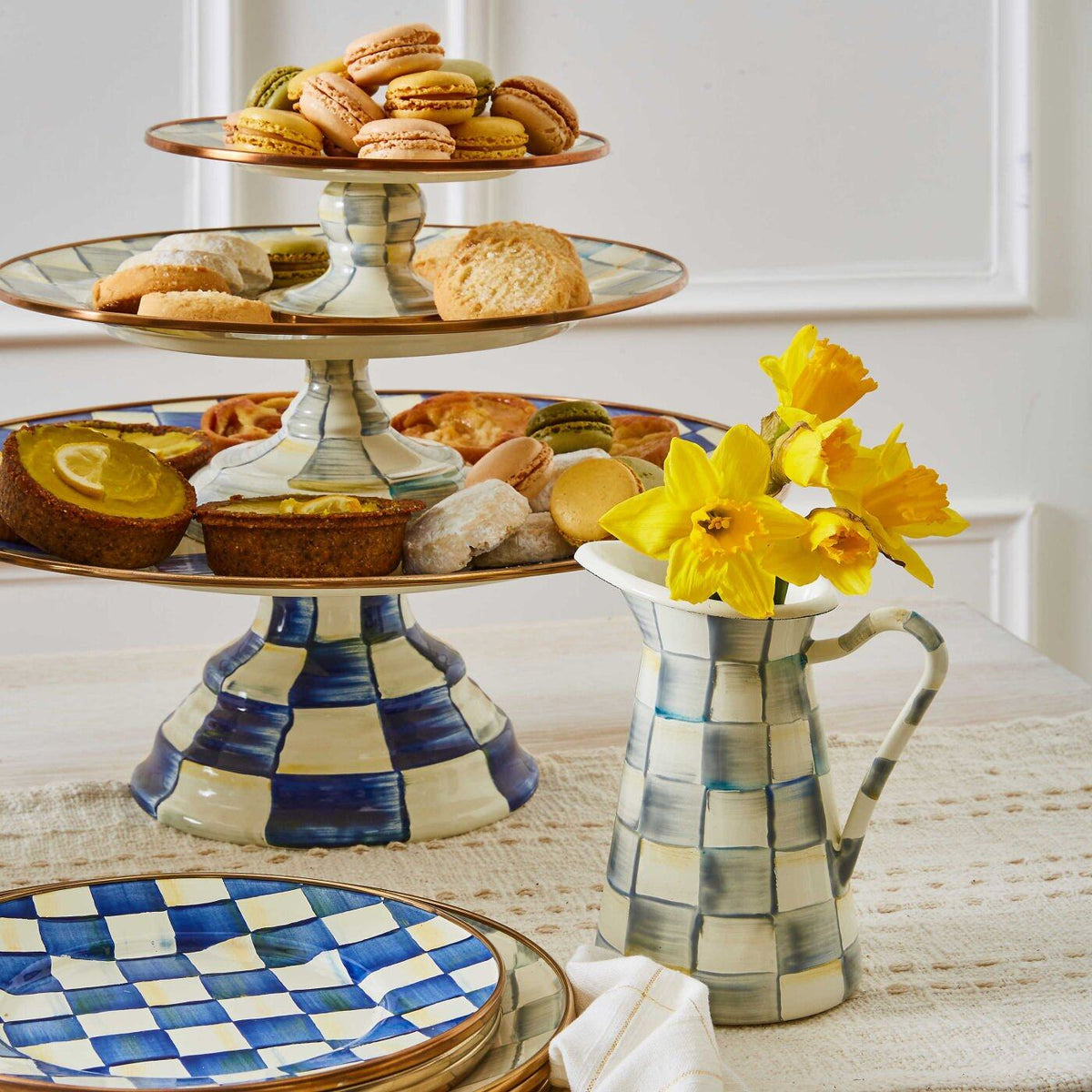 Luxury Dining Sterling Check Enamel Pedestal Platter - Small