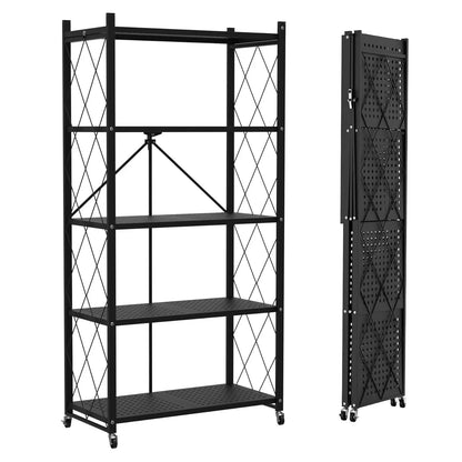 Foldable storage rack with locking wheels, space-saving design, freestanding metal frame, suitable for home and office.