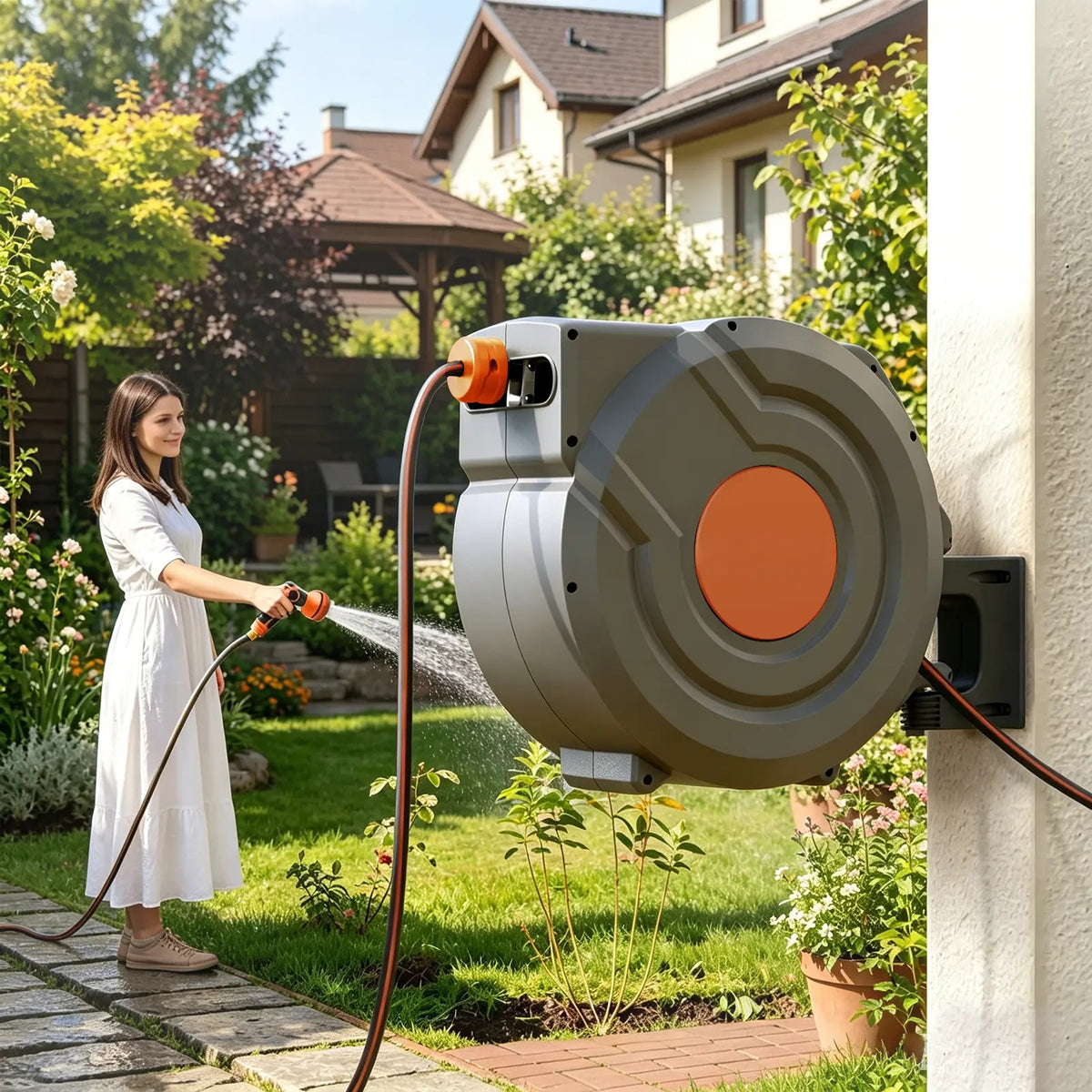 Retractable Garden Hose Wall Mount Reel 90ft/100ft/130ft with 6.5ft Guide Hose