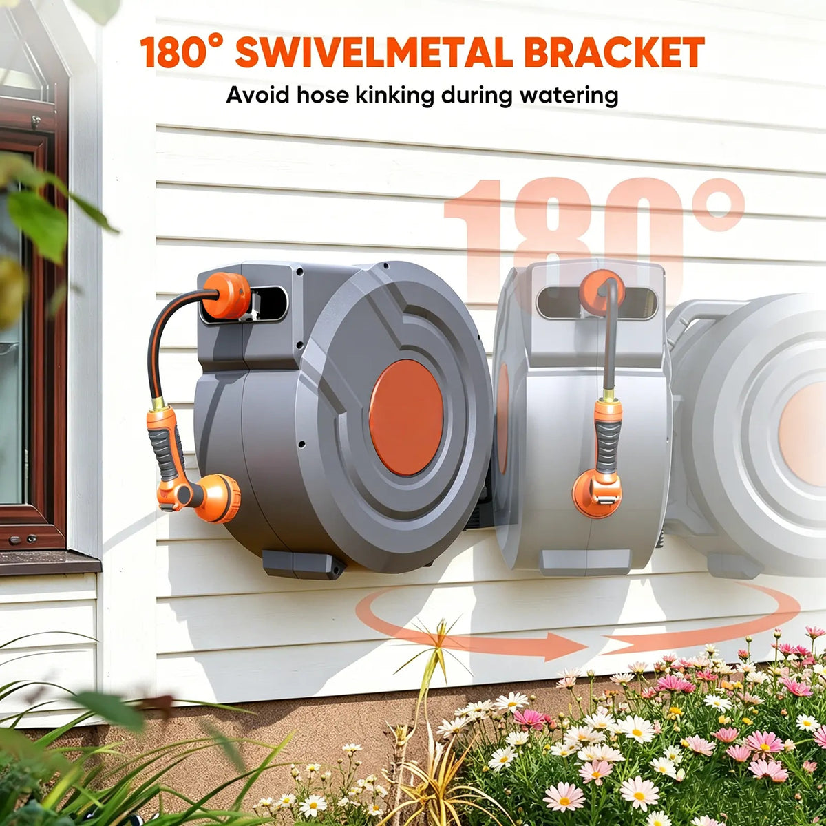 Retractable Garden Hose Wall Mount Reel 90ft/100ft/130ft with 6.5ft Guide Hose