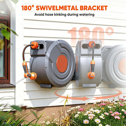 Retractable Garden Hose Wall Mount Reel 90ft/100ft/130ft with 6.5ft Guide Hose