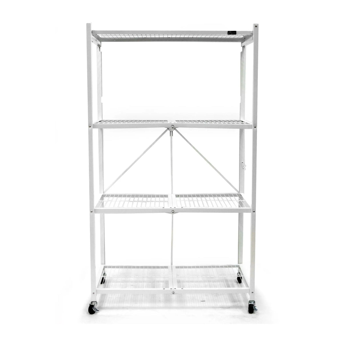 Foldable storage rack with locking wheels, space-saving design, freestanding metal frame, suitable for home and office.