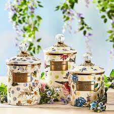 White Flower Market Enamel Canisters