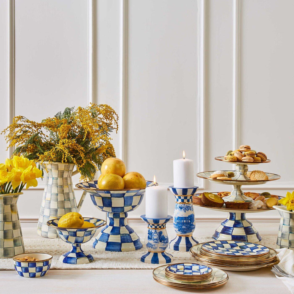 Luxury Dining Sterling Check Enamel Pedestal Platter - Small