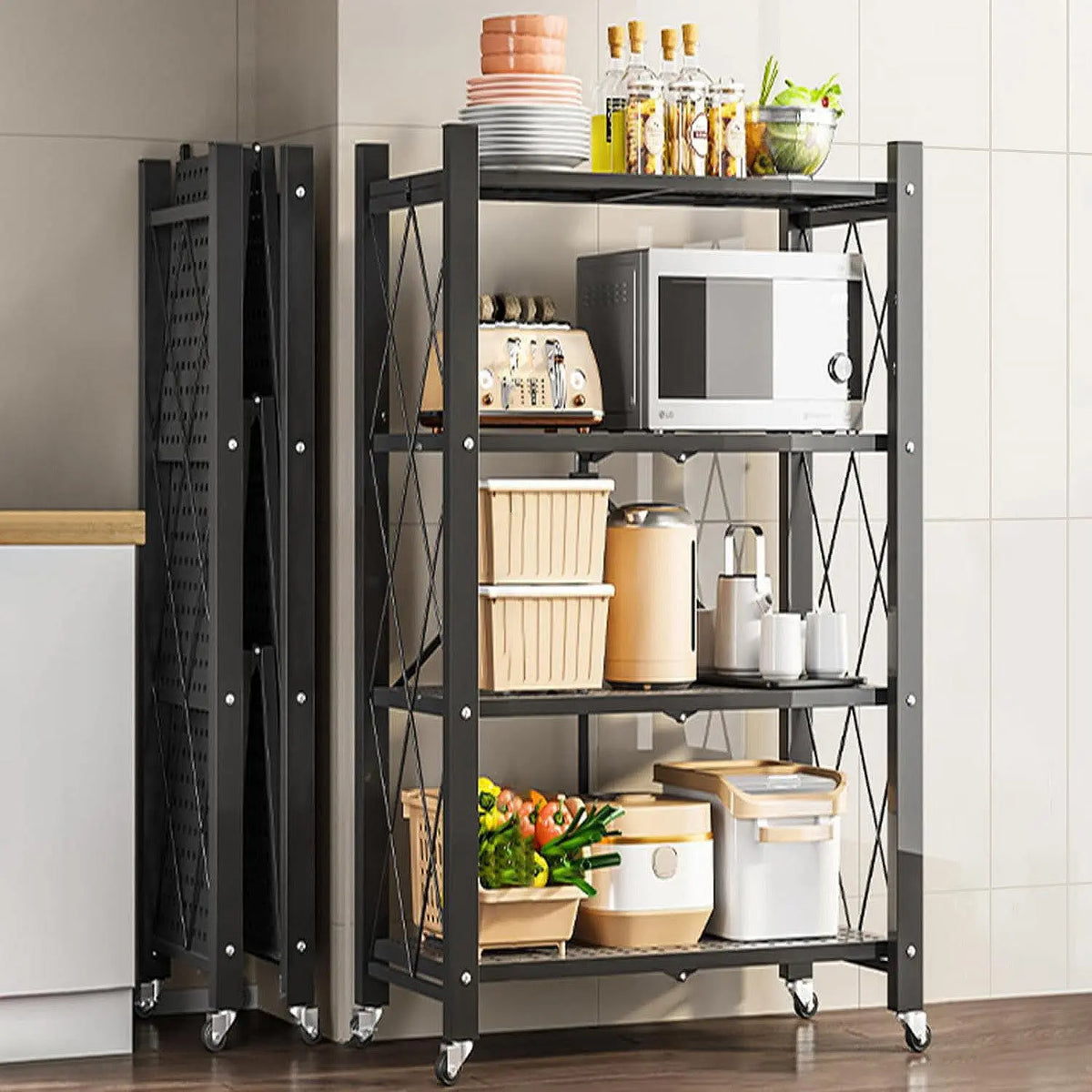 Foldable storage rack with locking wheels, space-saving design, freestanding metal frame, suitable for home and office.