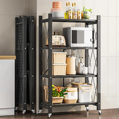 Foldable storage rack with locking wheels, space-saving design, freestanding metal frame, suitable for home and office.