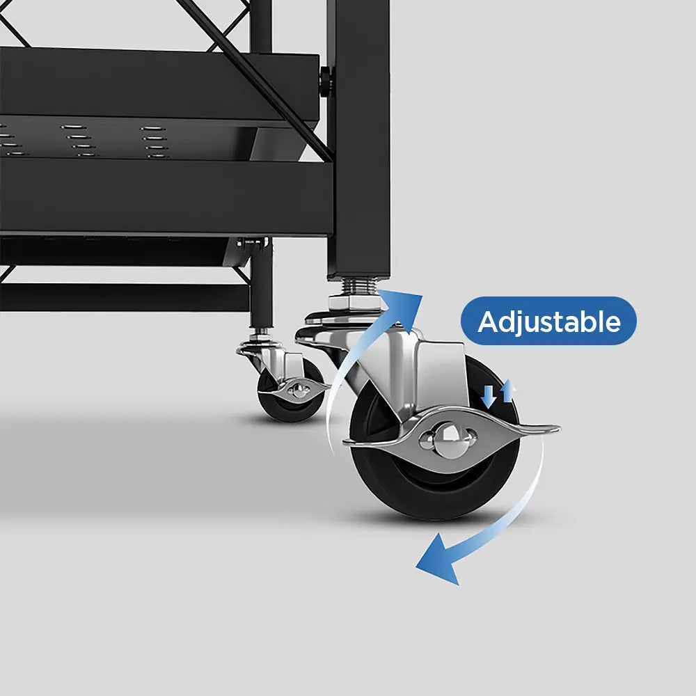 Foldable storage rack with locking wheels, space-saving design, freestanding metal frame, suitable for home and office.