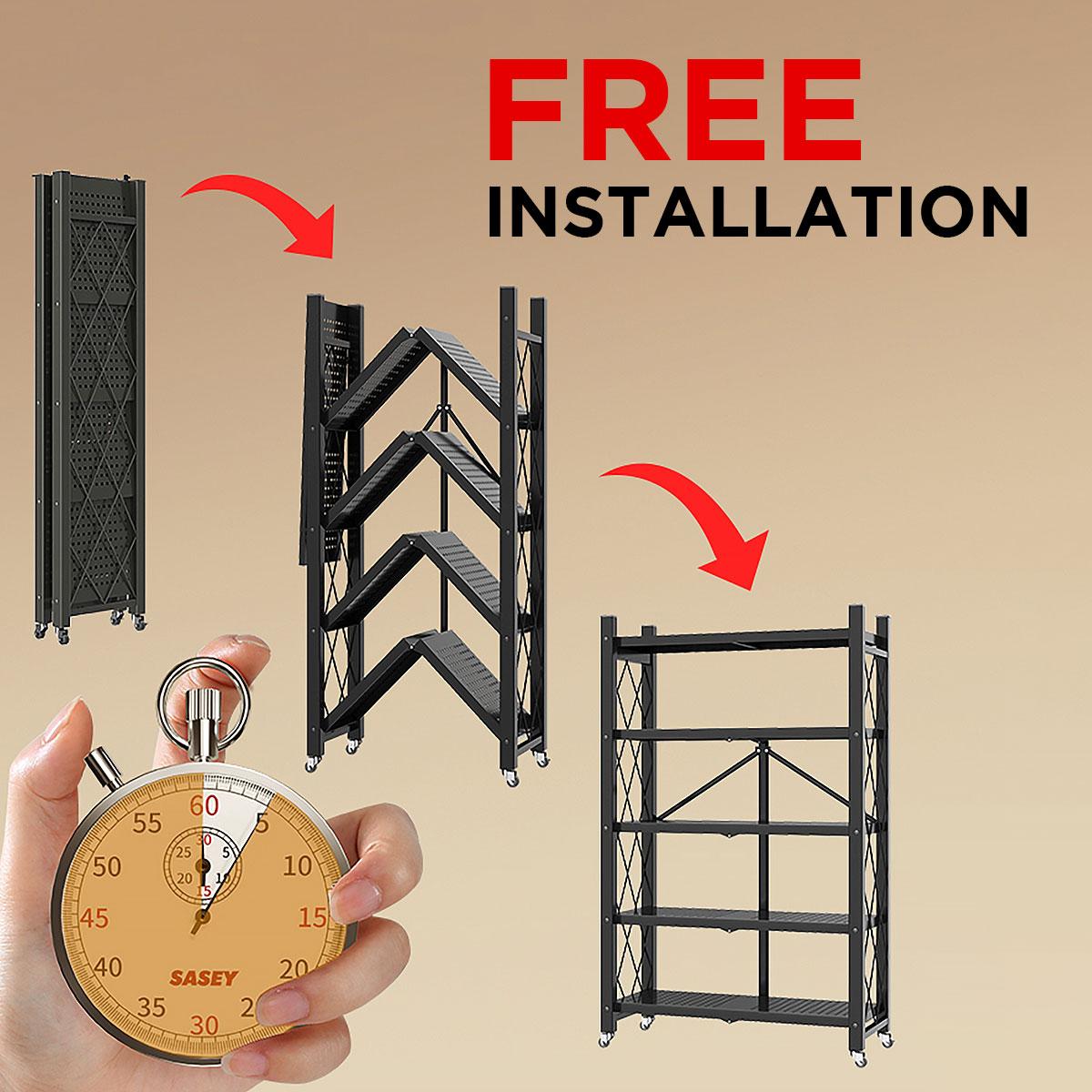 Foldable storage rack with locking wheels, space-saving design, freestanding metal frame, suitable for home and office.