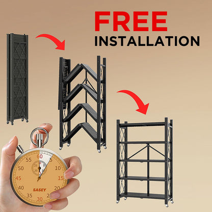 Foldable storage rack with locking wheels, space-saving design, freestanding metal frame, suitable for home and office.