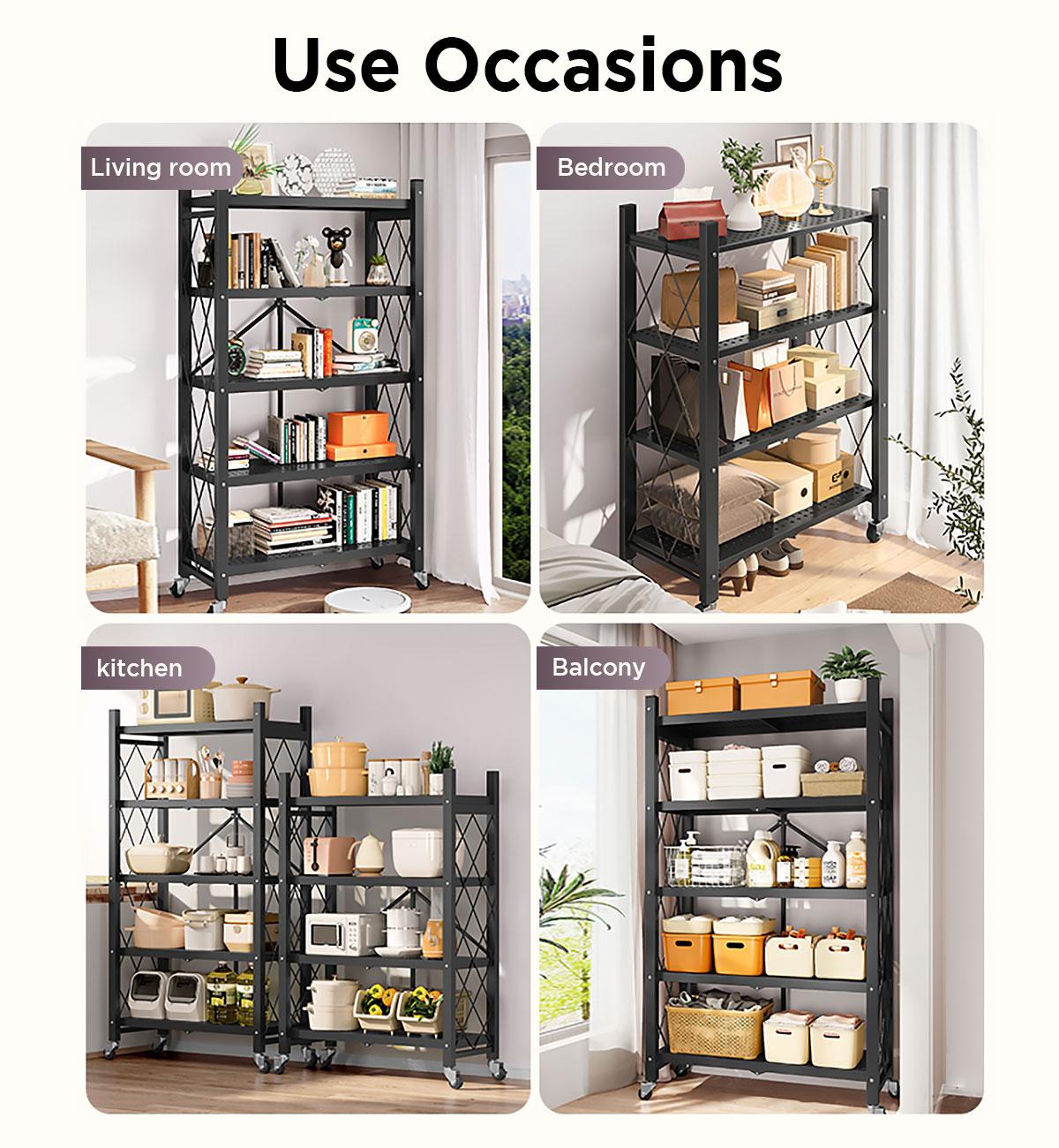 Foldable storage rack with locking wheels, space-saving design, freestanding metal frame, suitable for home and office.