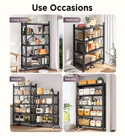 Foldable storage rack with locking wheels, space-saving design, freestanding metal frame, suitable for home and office.