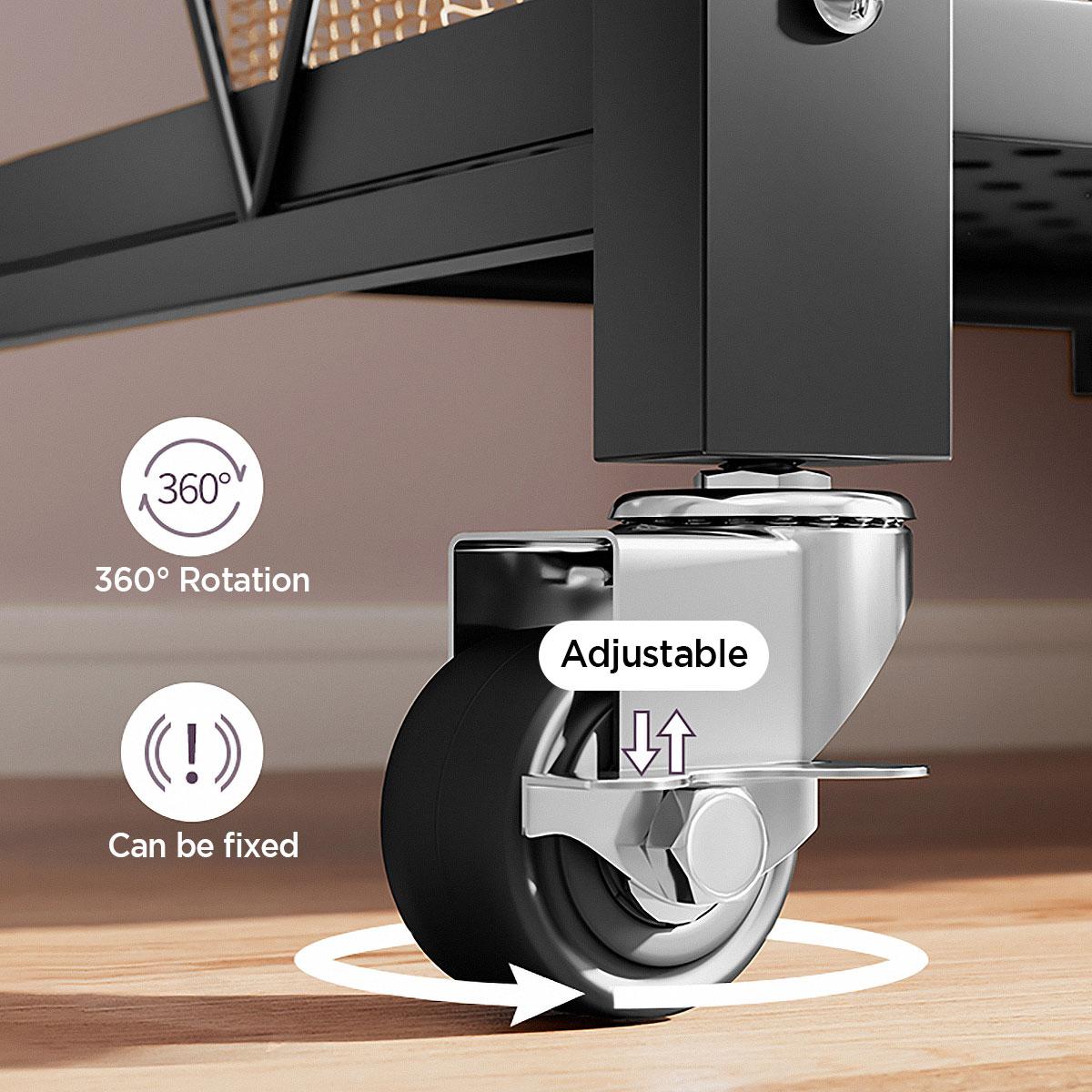Foldable storage rack with locking wheels, space-saving design, freestanding metal frame, suitable for home and office.
