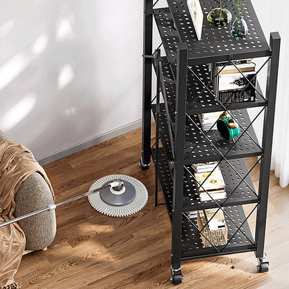 Foldable storage rack with locking wheels, space-saving design, freestanding metal frame, suitable for home and office.