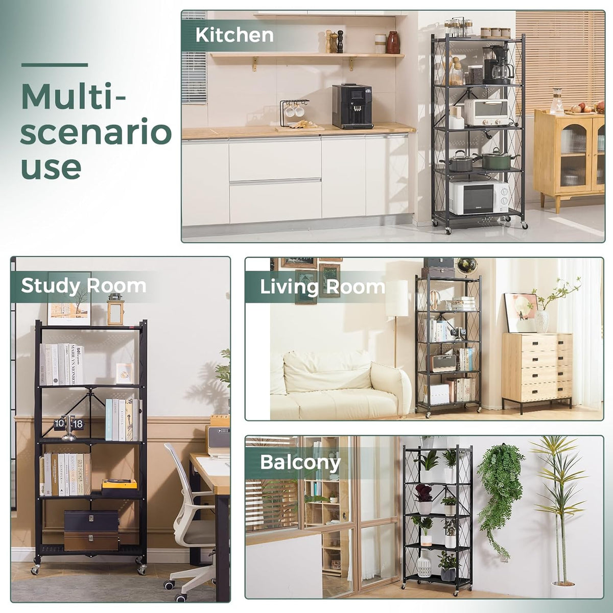 Foldable storage rack with locking wheels, space-saving design, freestanding metal frame, suitable for home and office.