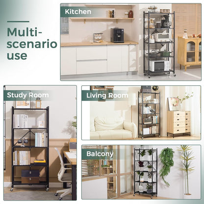 Foldable storage rack with locking wheels, space-saving design, freestanding metal frame, suitable for home and office.
