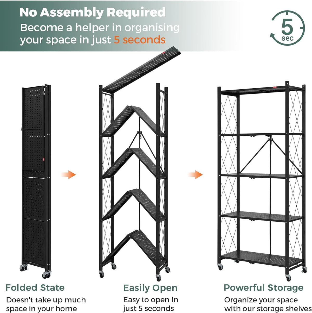 Foldable storage rack with locking wheels, space-saving design, freestanding metal frame, suitable for home and office.