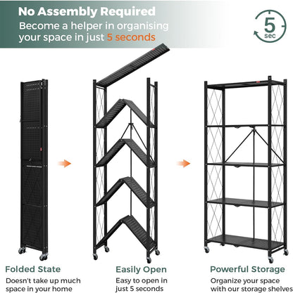 Foldable storage rack with locking wheels, space-saving design, freestanding metal frame, suitable for home and office.