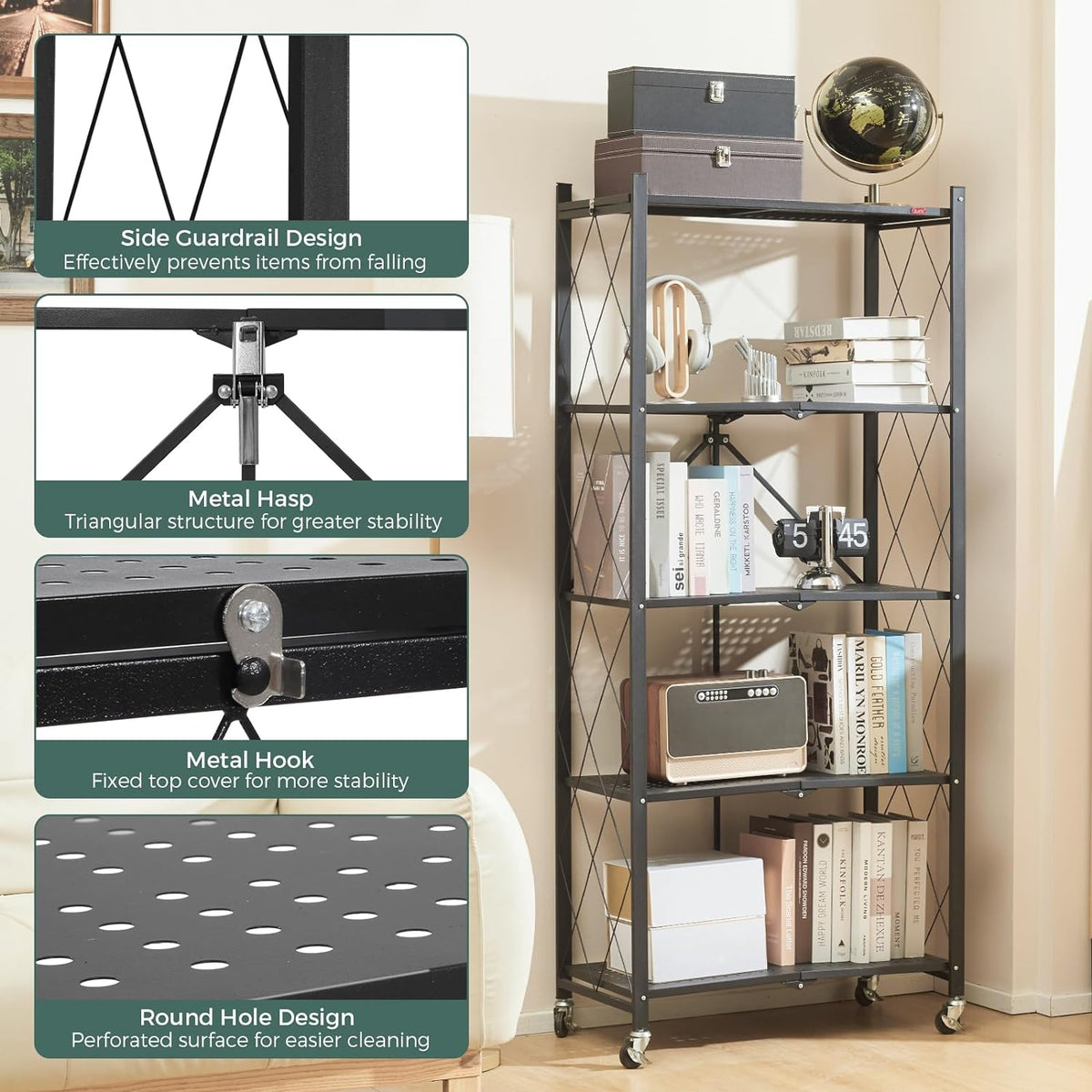 Foldable storage rack with locking wheels, space-saving design, freestanding metal frame, suitable for home and office.