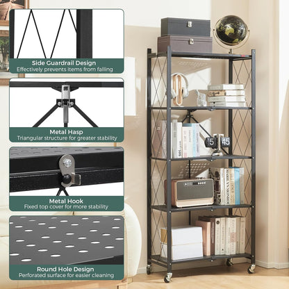 Foldable storage rack with locking wheels, space-saving design, freestanding metal frame, suitable for home and office.