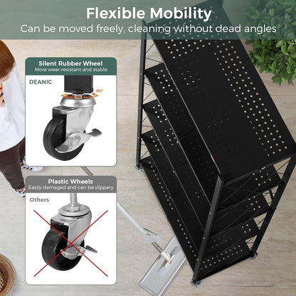 Foldable storage rack with locking wheels, space-saving design, freestanding metal frame, suitable for home and office.