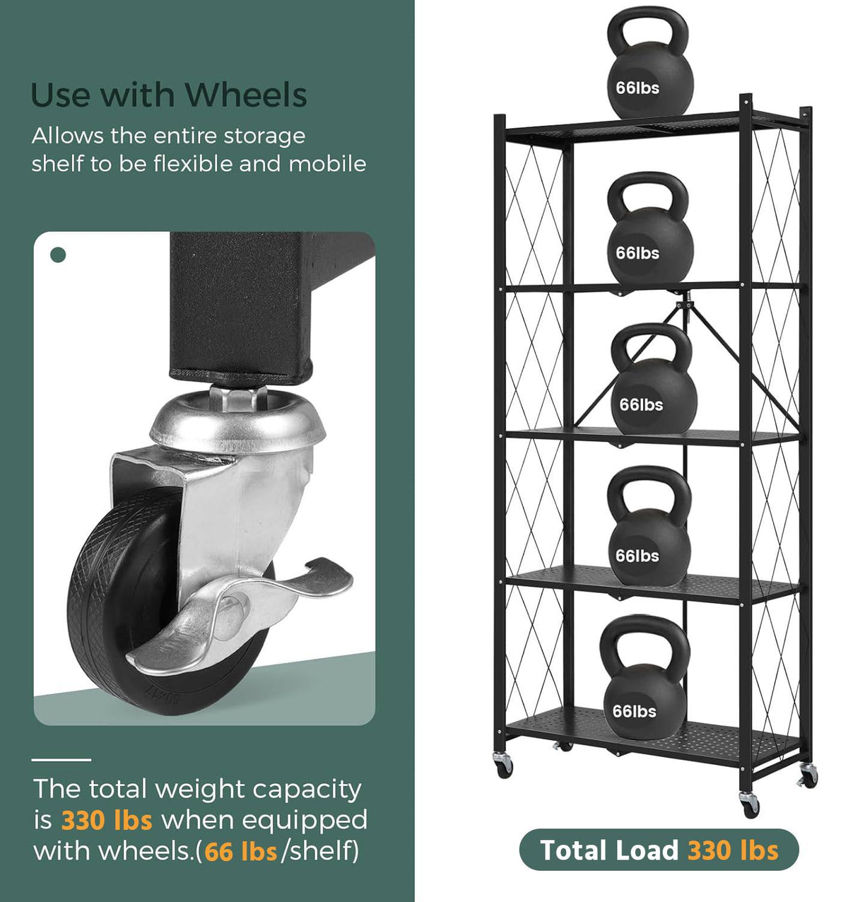 Foldable storage rack with locking wheels, space-saving design, freestanding metal frame, suitable for home and office.